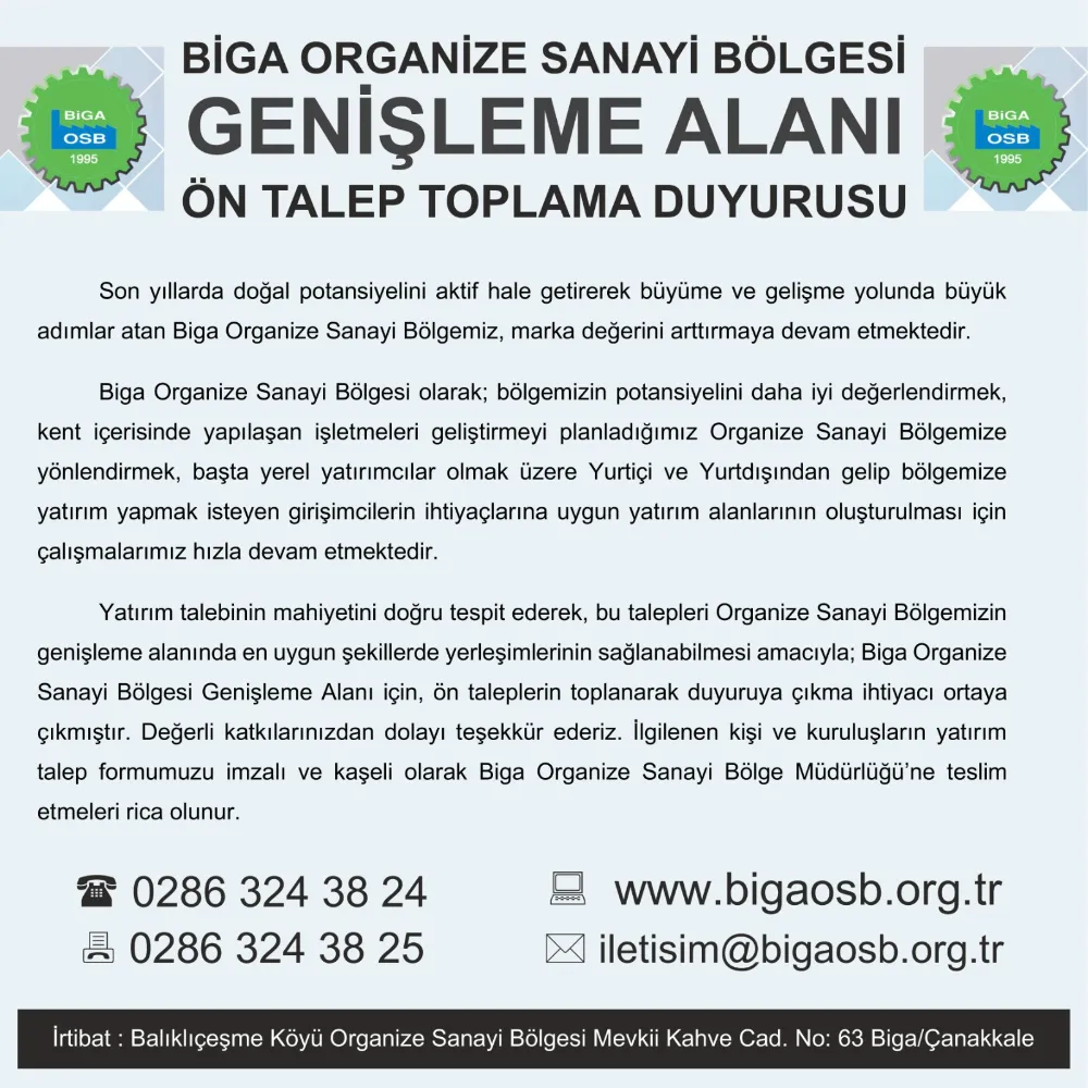 BİGA OSB GENİŞLEME ALANI ÖN TALEP TOPLAMA DUYURUSU